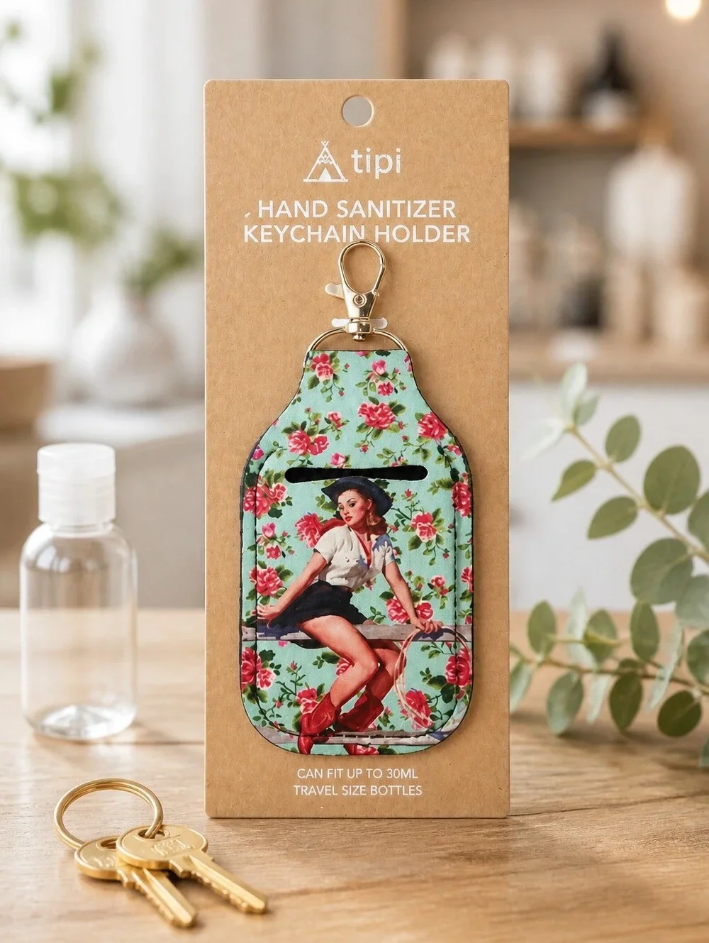 Vintage Cowgirl Design Travel Size Hand Sanitizer / Keyholder New